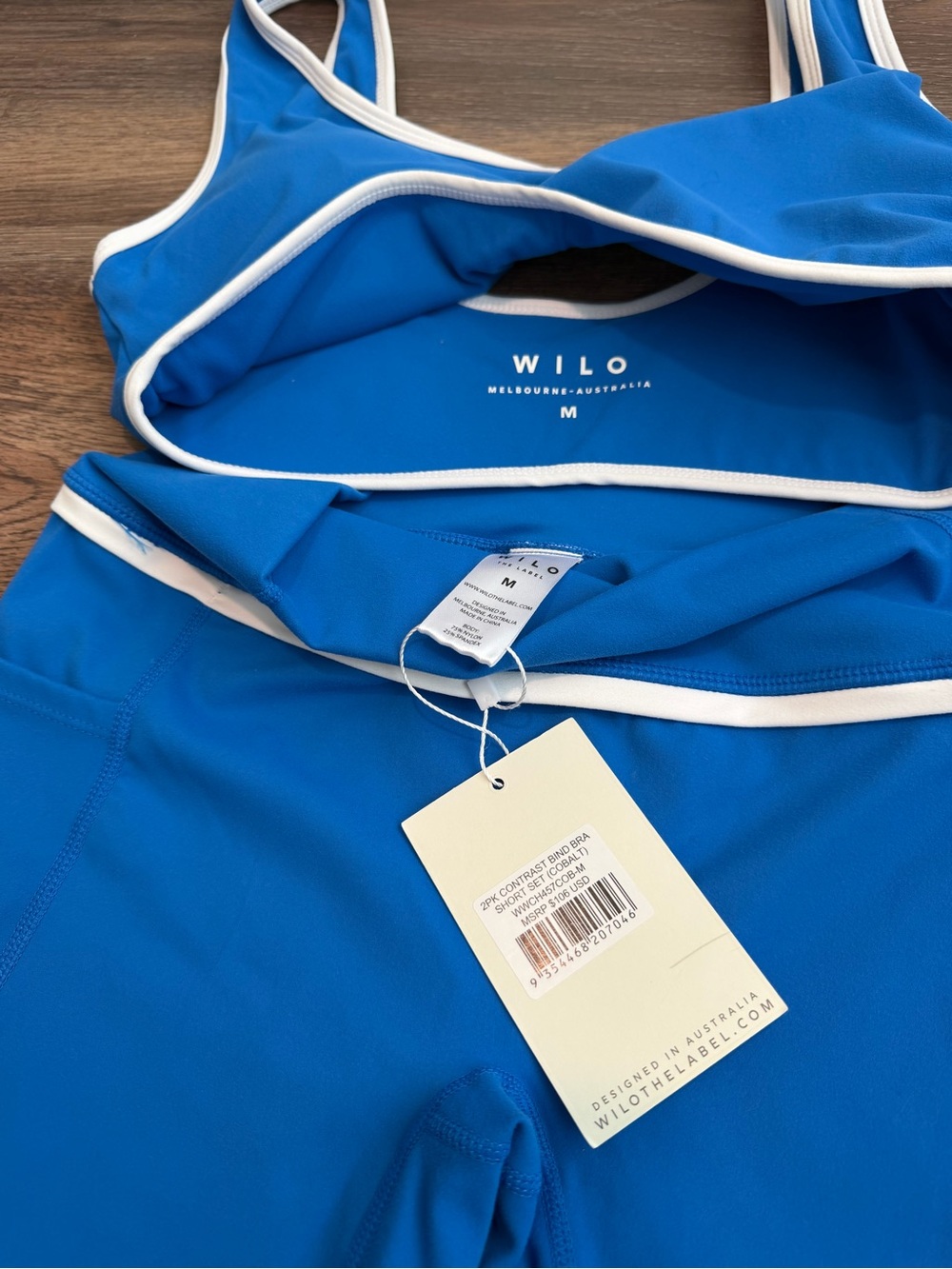 NWT Wilo The Label Active Set Sports Bra Biker Shorts Cobalt Blue White Medium - Picture 7 of 7